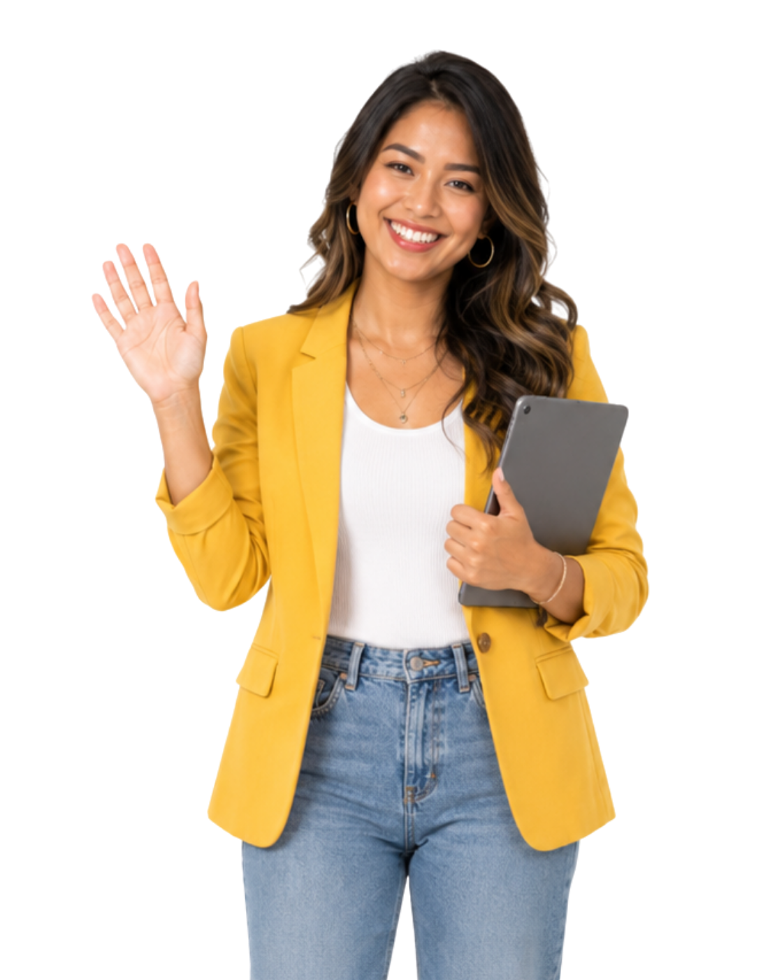 Dedicated social media manager from the GHL Social team, waving and holding a tablet